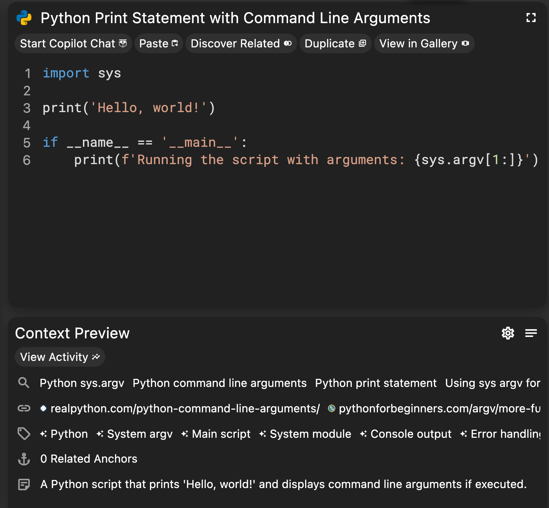 The saved snippet panel showing the snippet code and generated details